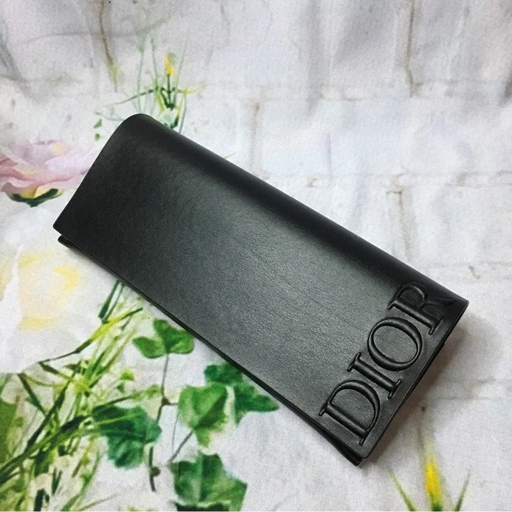 Dior Black eye glasses case detachable logo piece Faux leather New 3” x 7.5”